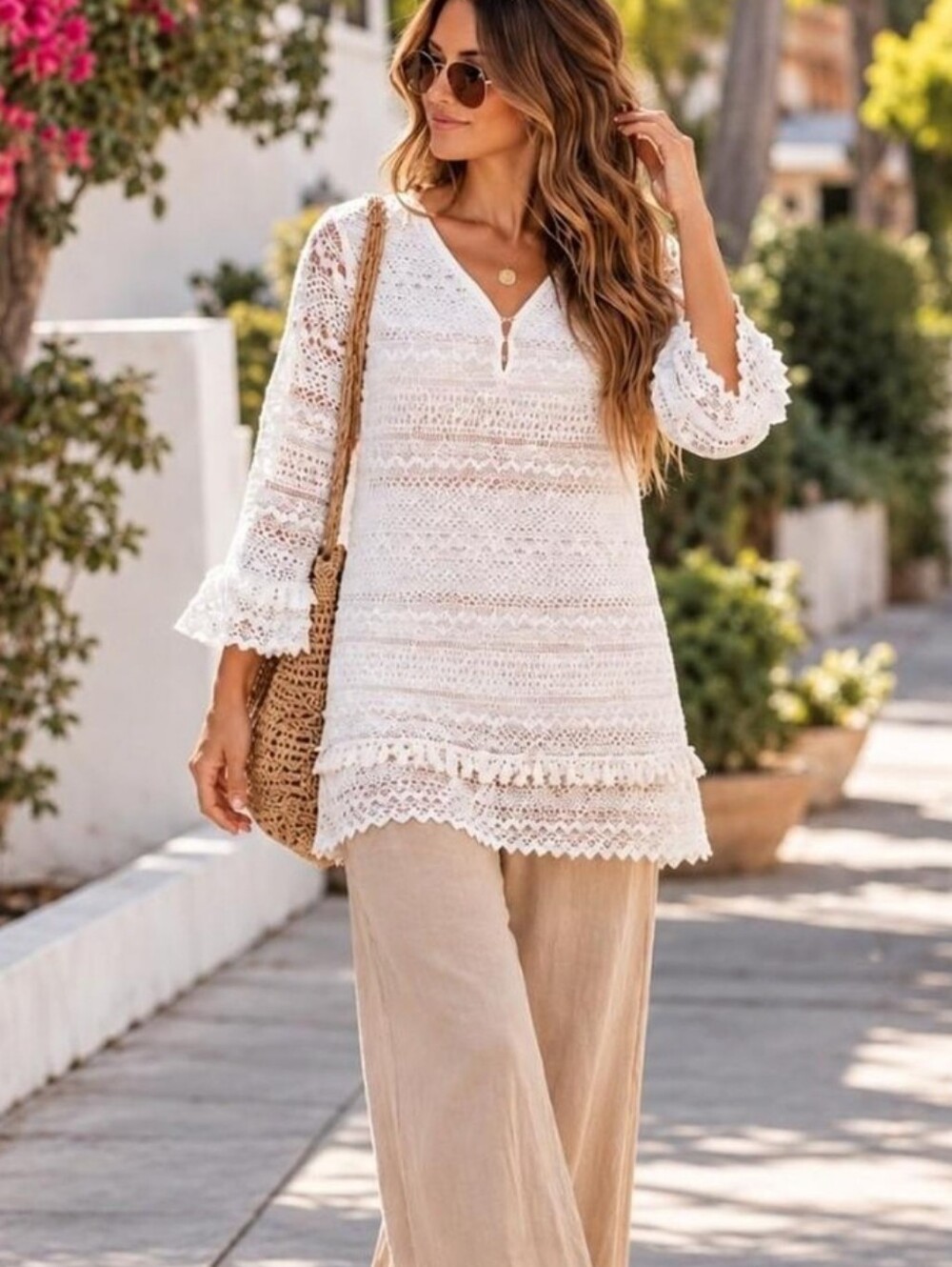 Source Unknown White Crochet Lace Tunic Top